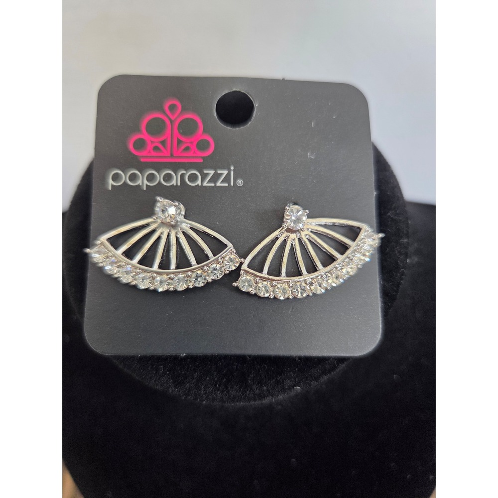 Paparazzi Silver Fan Ear Jacket Earrings Clear Rhinestone Crystal Post Backs